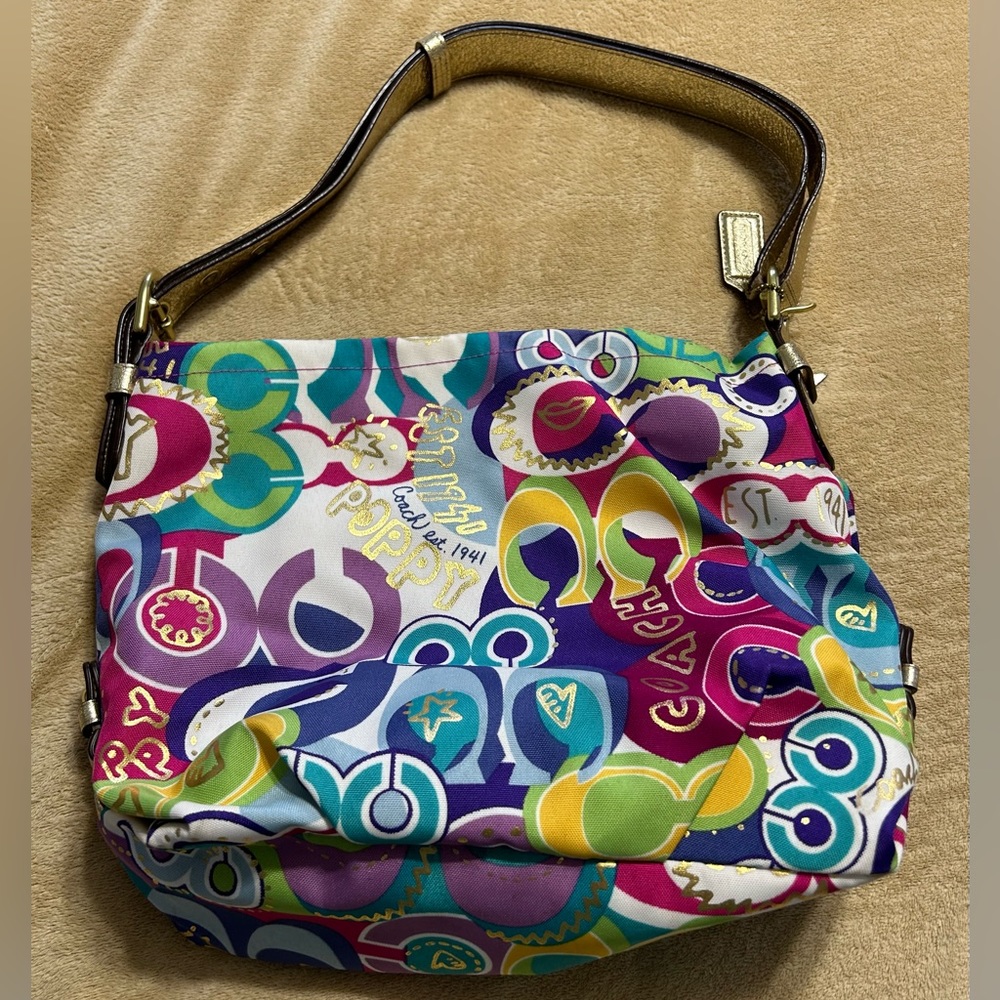 Coach Signature Poppy C Graffiti Multicolor Gold Emblem Tote Hobo Handbag